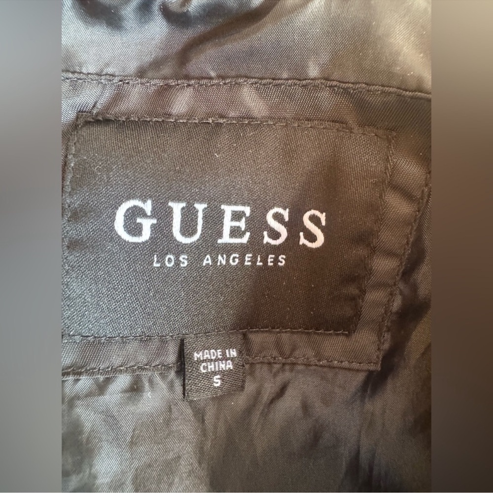 GUESS Black Satin Varsity Bomber Jacket Striped Trim Women’s Small - Picture 6 of 6